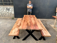 Ecru Oak Table X with Benches