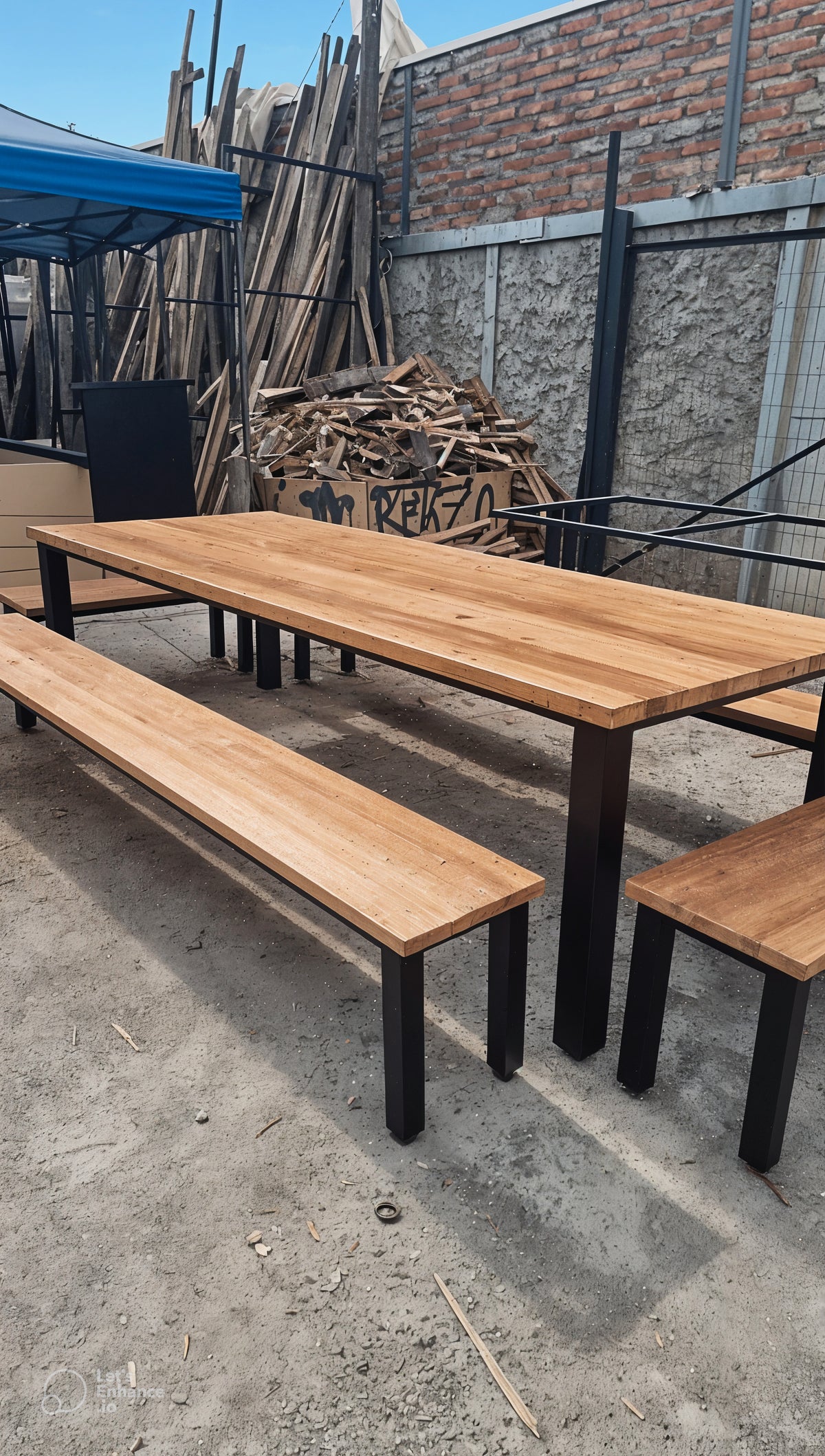 Classic Iron Oak Table With Benches