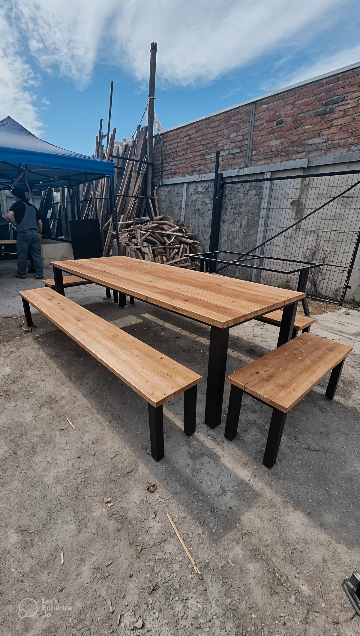 Classic Iron Oak Table With Benches