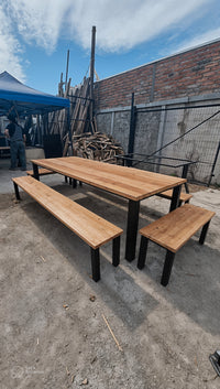 Classic Iron Oak Table With Benches