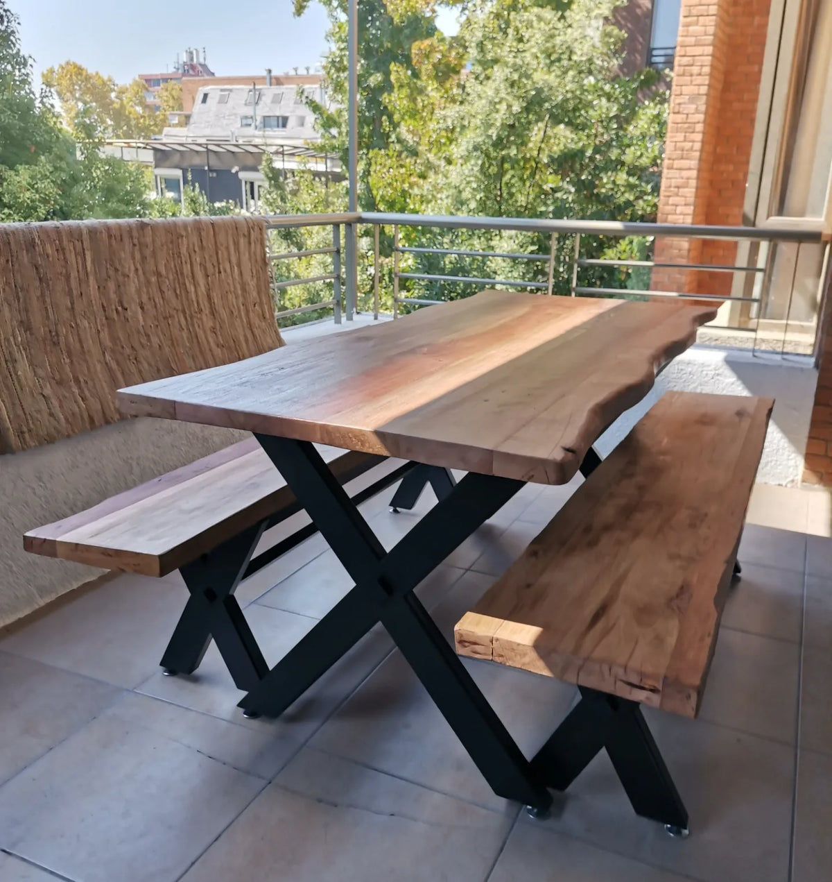 Ecru Oak Table X with Benches